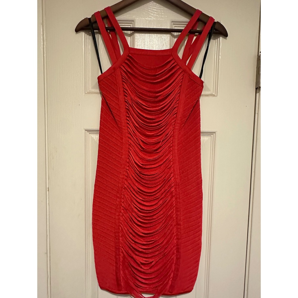 bebe Hibiscus Red Cutout Bandage Dress - Mitered‎ Bodycon Mini - Size XS